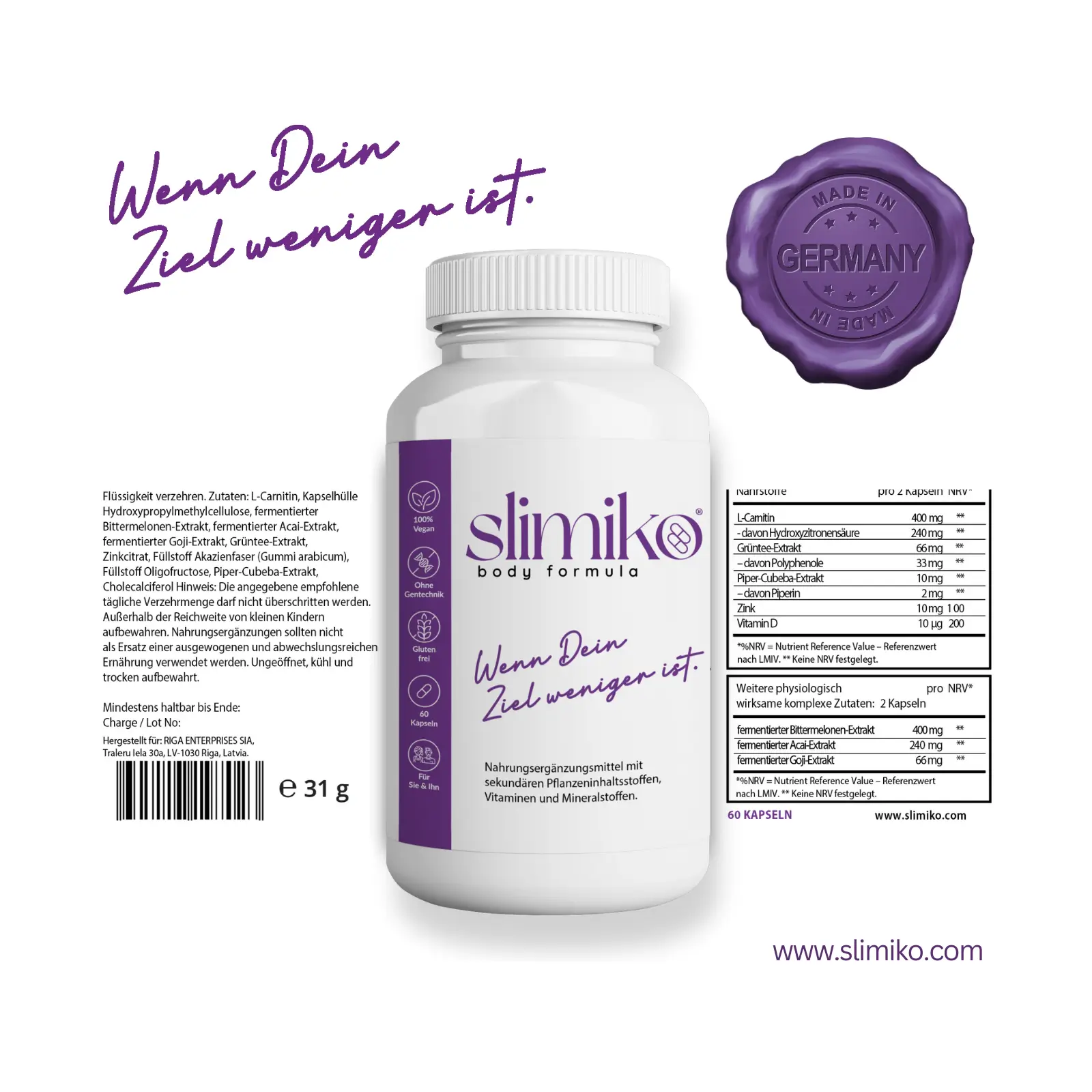 Flacon Slimiko avec informations de composition